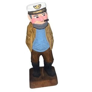 Hand Carved Wooden Fisherman Nautical Captain w/ pipe Figurine Small Desk Decor